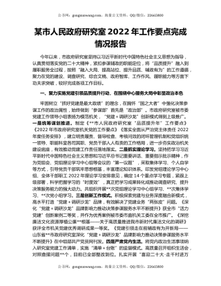 某市人民政府研究室2022年工作要点完成情况报告