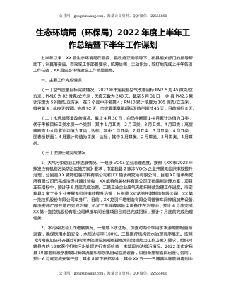 生态环境局（环保局）2022年度上半年工作总结暨下半年工作谋划