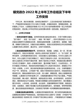 镇党政办2022年上半年工作总结及下半年工作安排