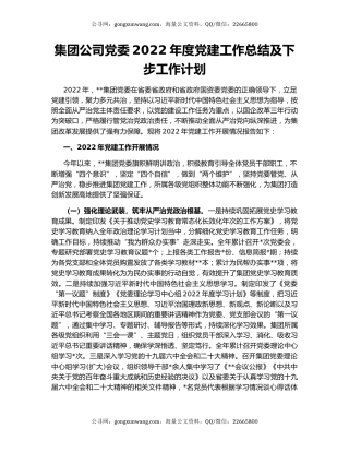 集团公司党委2022年度党建工作总结及下步工作计划