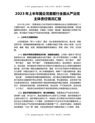 2023年上半年国企党委履行全面从严治党主体责任情况汇报