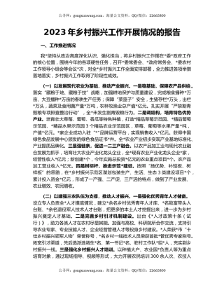 2023年乡村振兴工作开展情况的报告