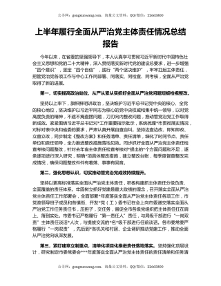 上半年履行全面从严治党主体责任情况总结报告