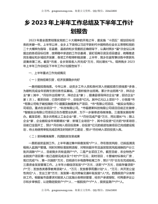 乡2023年上半年工作总结及下半年工作计划报告