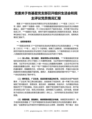 党委关于各基层党支部召开组织生活会和民主评议党员情况汇报