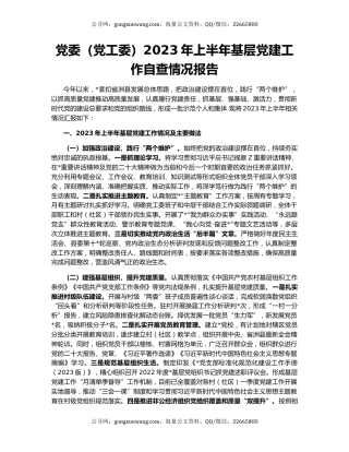 党委（党工委）2023年上半年基层党建工作自查情况报告