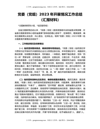 党委（党组）2023年开展情况工作总结（汇报材料）
