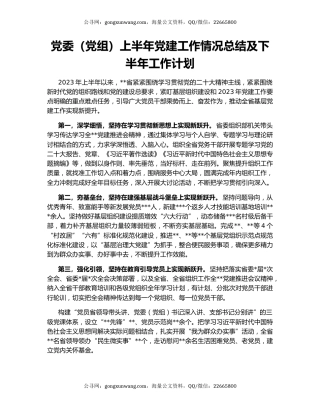 党委（党组）上半年党建工作情况总结及下半年工作计划