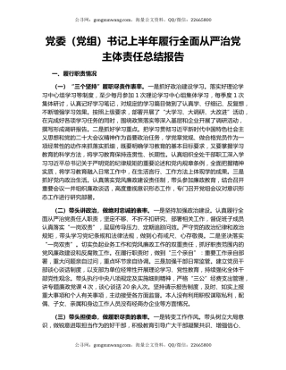 党委（党组）书记上半年履行全面从严治党主体责任总结报告