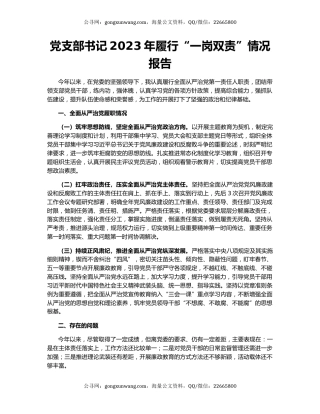 党支部书记2023年履行“一岗双责”情况报告