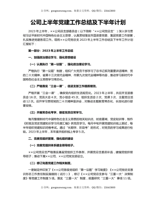 公司上半年党建工作总结及下半年计划