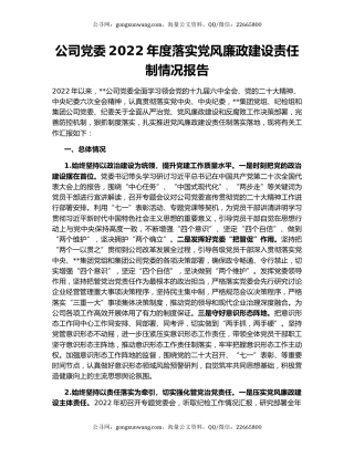 公司党委2022年度落实党风廉政建设责任制情况报告