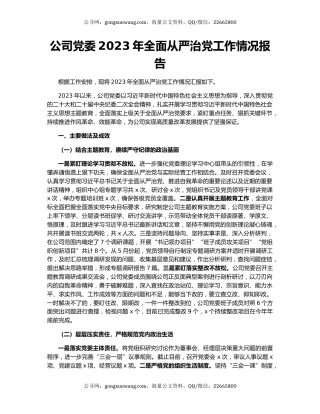 公司党委2023年全面从严治党工作情况报告
