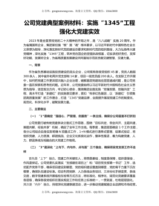 公司党建典型案例材料：实施“1345”工程强化大党建实效