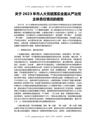 关于2023年市人大党组落实全面从严治党主体责任情况的报告