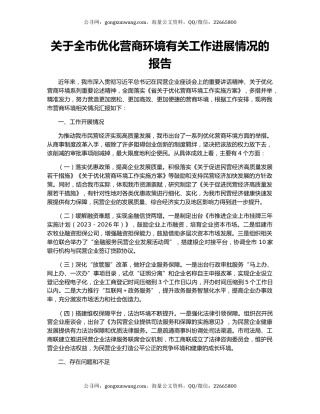 关于全市优化营商环境有关工作进展情况的报告