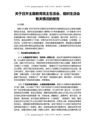 关于召开主题教育民主生活会、组织生活会有关情况的报告