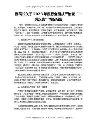 副局长关于2023年履行全面从严治党“一岗双责”情况报告