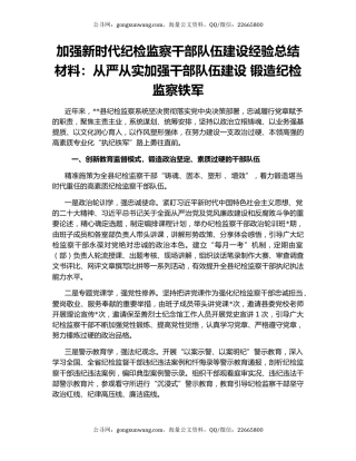 加强新时代纪检监察干部队伍建设经验总结材料：从严从实加强干部队伍建设 锻造纪检监察铁军