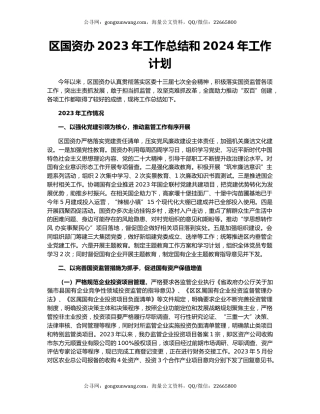 区国资办2023年工作总结和2024年工作计划