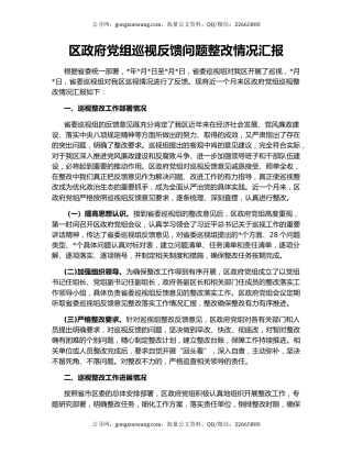 区政府党组巡视反馈问题整改情况汇报