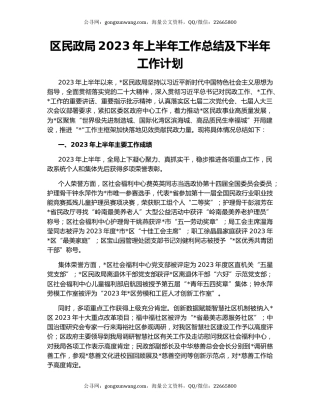 区民政局2023年上半年工作总结及下半年工作计划
