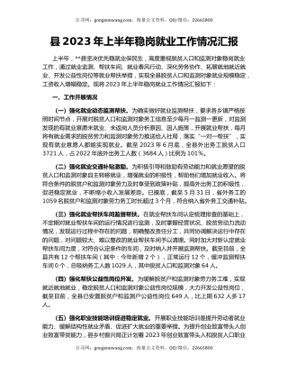 县2023年上半年稳岗就业工作情况汇报