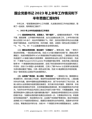 国企党委书记2023年上半年工作情况和下半年思路汇报材料