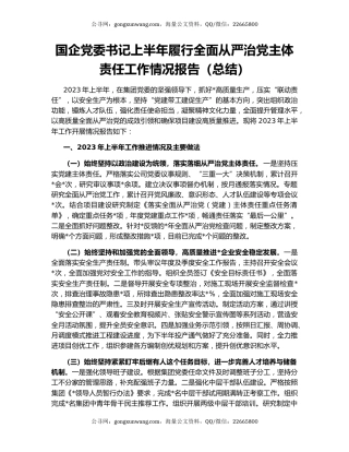 国企党委书记上半年履行全面从严治党主体责任工作情况报告（总结）