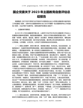 国企党委关于2023年主题教育自查评估总结报告