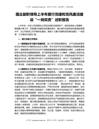 国企副职领导上半年履行党建和党风廉洁建设“一岗双责”述职报告