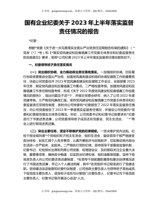 国有企业纪委关于2023年上半年落实监督责任情况的报告