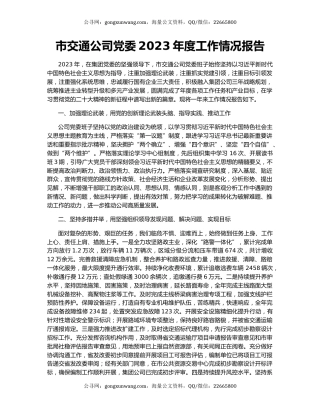 市交通公司党委2023年度工作情况报告