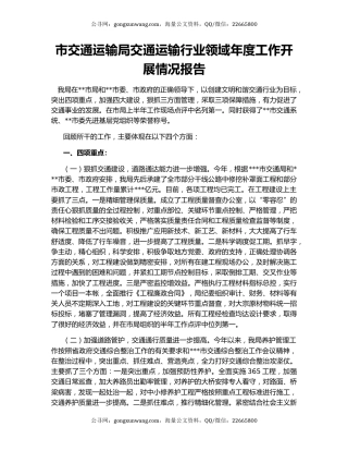 市交通运输局交通运输行业领域年度工作开展情况报告