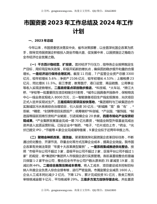 市国资委2023年工作总结及2024年工作计划