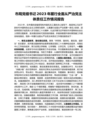 市局党组书记2023年履行全面从严治党主体责任工作情况报告