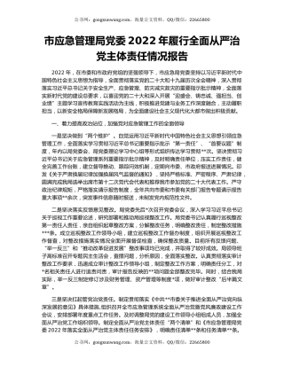 市应急管理局党委2022年履行全面从严治党主体责任情况报告