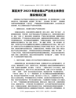 某区关于2023年度全面从严治党主体责任落实情况汇报