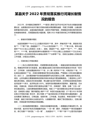 某县关于2022年贯彻落实推行河湖长制情况的报告