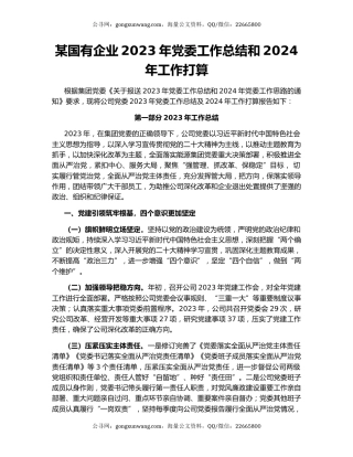 某国有企业2023年党委工作总结和2024年工作打算
