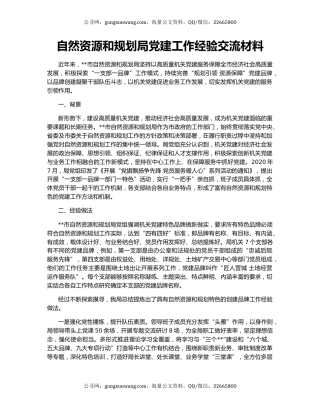 自然资源和规划局党建工作经验交流材料