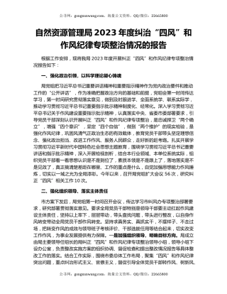 自然资源管理局2023年度纠治“四风”和作风纪律专项整治情况的报告