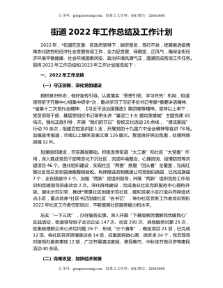 街道2022年工作总结及工作计划