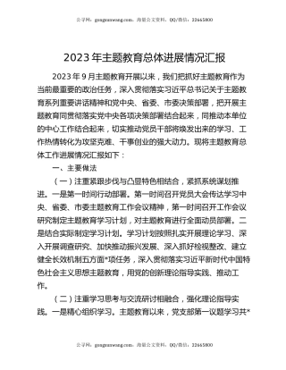 2023年主题教育总体进展情况汇报