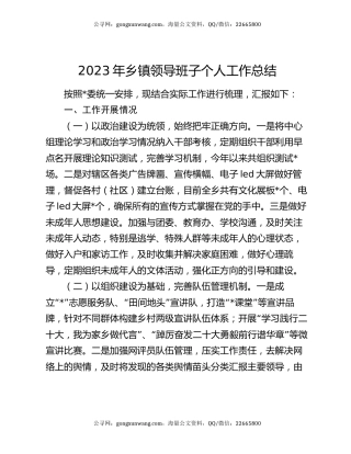2023年乡镇领导班子个人工作总结