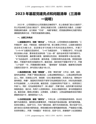 2023年基层党建亮点和问题清单（三清单一说明）