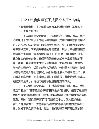 2023年度乡镇班子成员个人工作总结