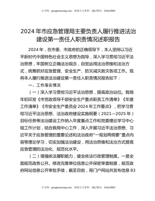 2024 年市应急管理局主要负责人履行推进法治建设第一责任人职责情况述职报告