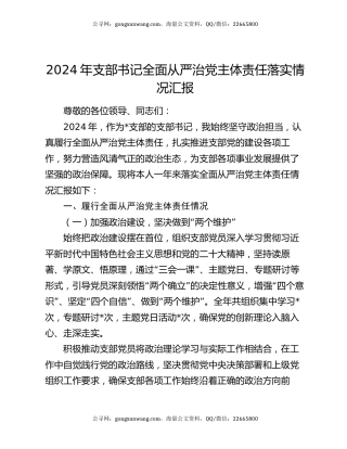 2024 年支部书记全面从严治党主体责任落实情况汇报