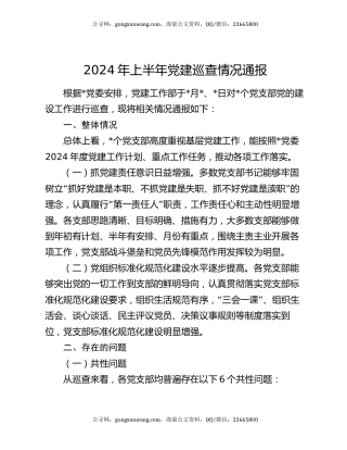 2024年上半年党建巡查情况通报